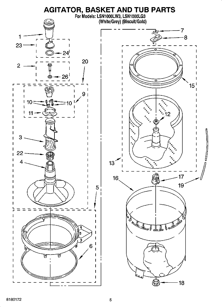 AGITATOR, BASKET AND TUB PARTS Diagram and Parts List for LSN1000LG3  Whirlpool Washer