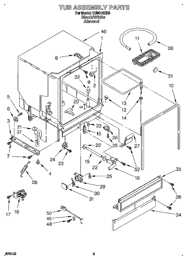 TUB ASSEMBLY Diagram and Parts List for DU8016XB0  Whirlpool Dishwasher