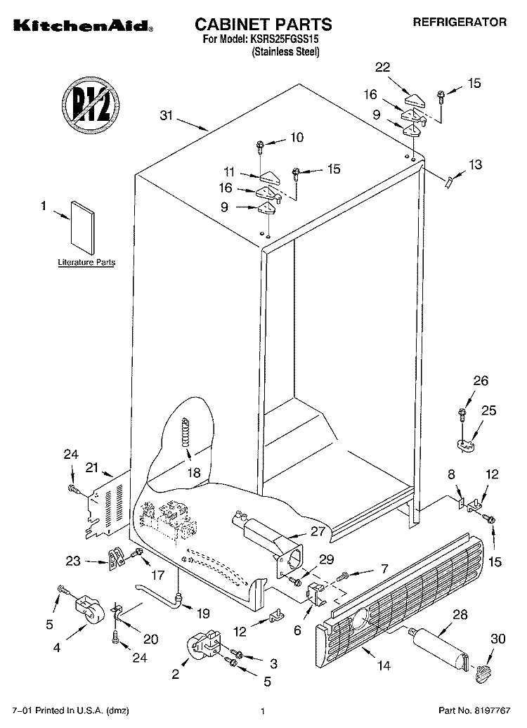 CABINET, LITERATURE Diagram and Parts List for KSRS25FGSS15  KitchenAid Refrigerator
