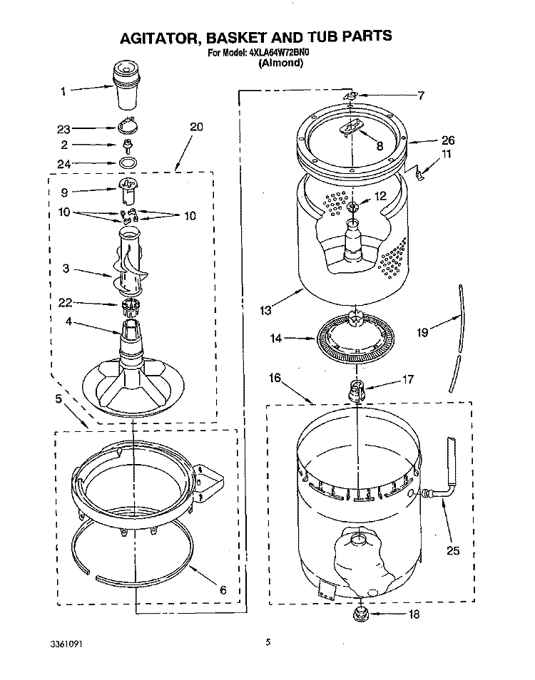 AGITATOR, BASKET AND TUB Diagram and Parts List for 4XLA64W72BN0  Whirlpool Washer
