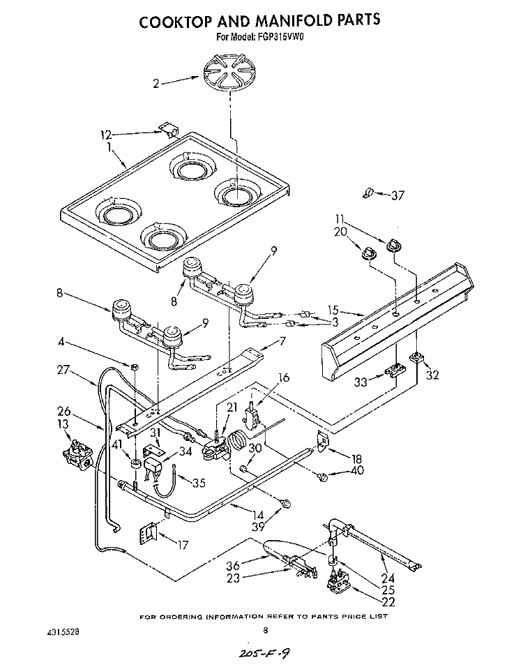 COOKTOP AND MANIFOLD, LIT/OPTIONAL Diagram and Parts List for FGP315VW0  Roper Range
