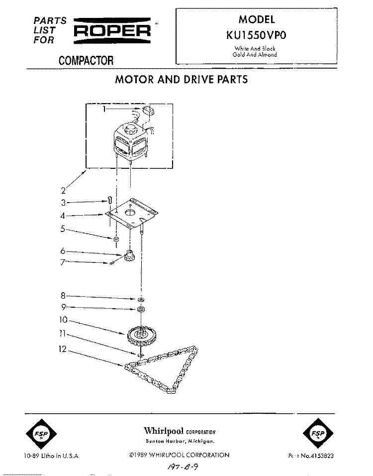 MOTOR AND DRIVE , LIT/OPTIONAL Diagram and Parts List for KU1550VP0  Roper Trash Compactor