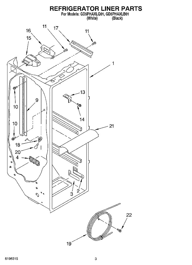 REFRIGERATOR LINER PARTS Diagram and Parts List for GD5PHAXLQ01  Whirlpool Refrigerator