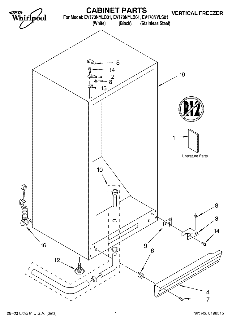 CABINET PARTS Diagram and Parts List for EV170NYLB01  Whirlpool Freezer