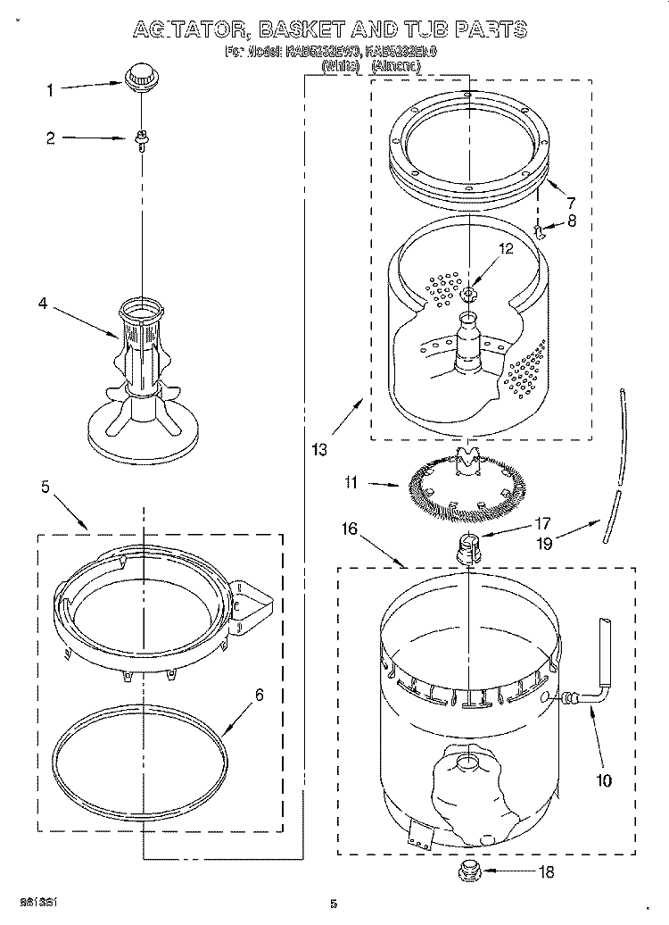 AGITATOR, BASKET AND TUB Diagram and Parts List for RAB5232EW0  Roper Washer