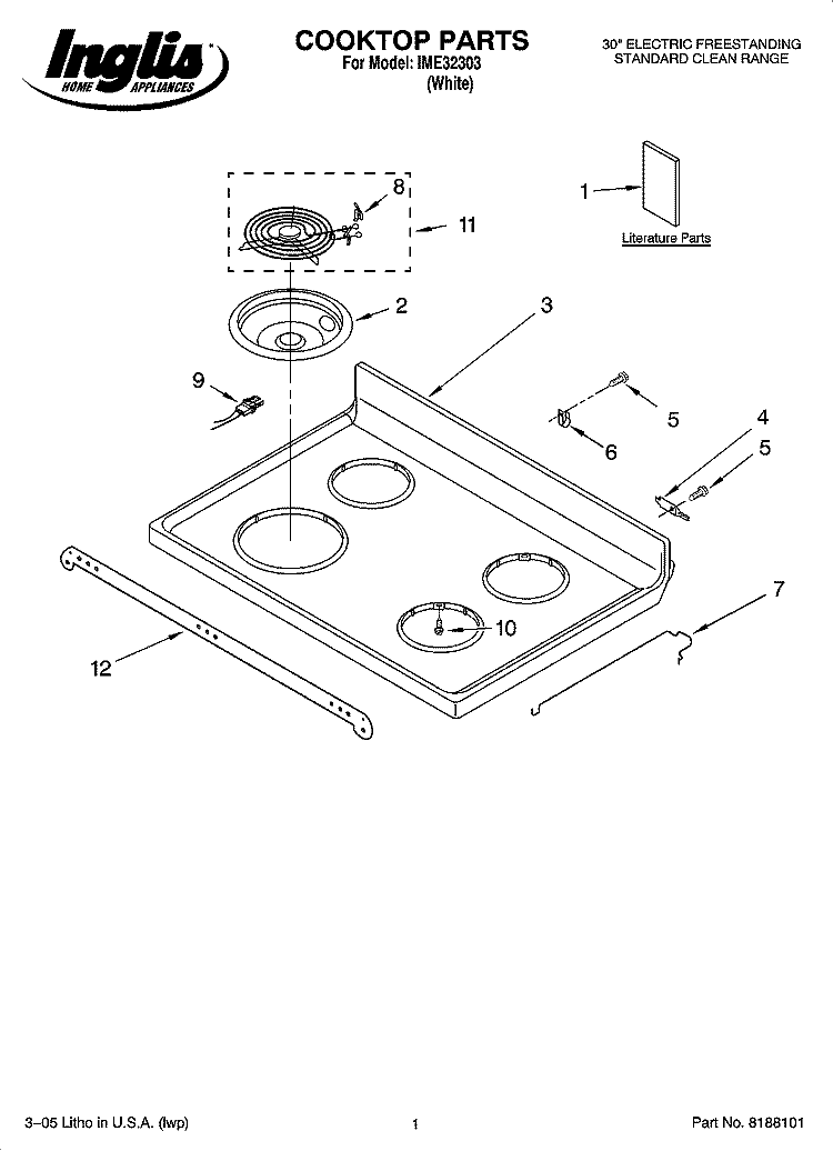 COOKTOP PARTS Diagram and Parts List for IME32303  Inglis Range