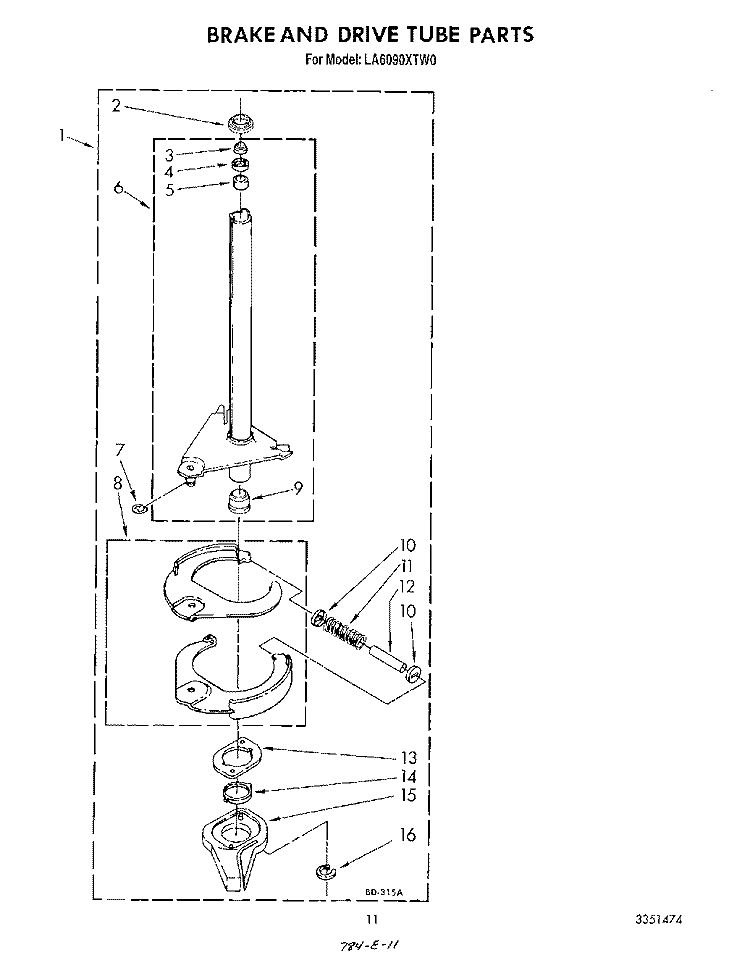BRAKE AND DRIVE TUBE Diagram and Parts List for LA6090XTM0  Whirlpool Washer