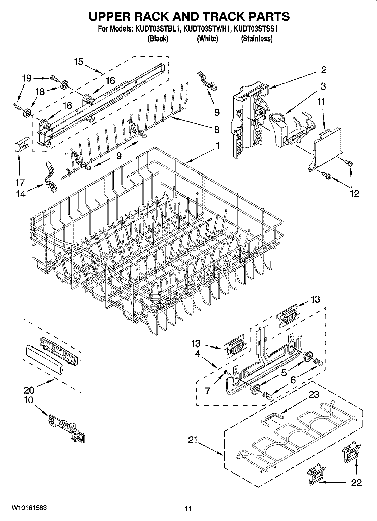 UPPER RACK AND TRACK PARTS Diagram and Parts List for KUDT03STBL1  KitchenAid Dishwasher