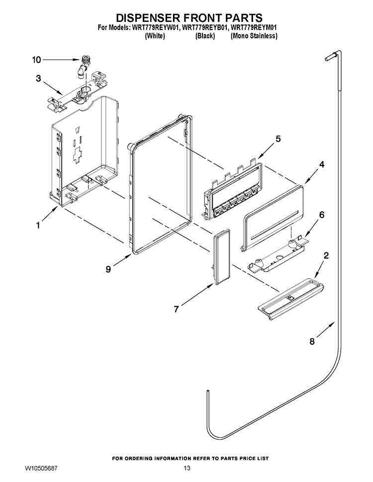 DISPENSER FRONT PARTS Diagram and Parts List for WRT779REYB01  Whirlpool Refrigerator