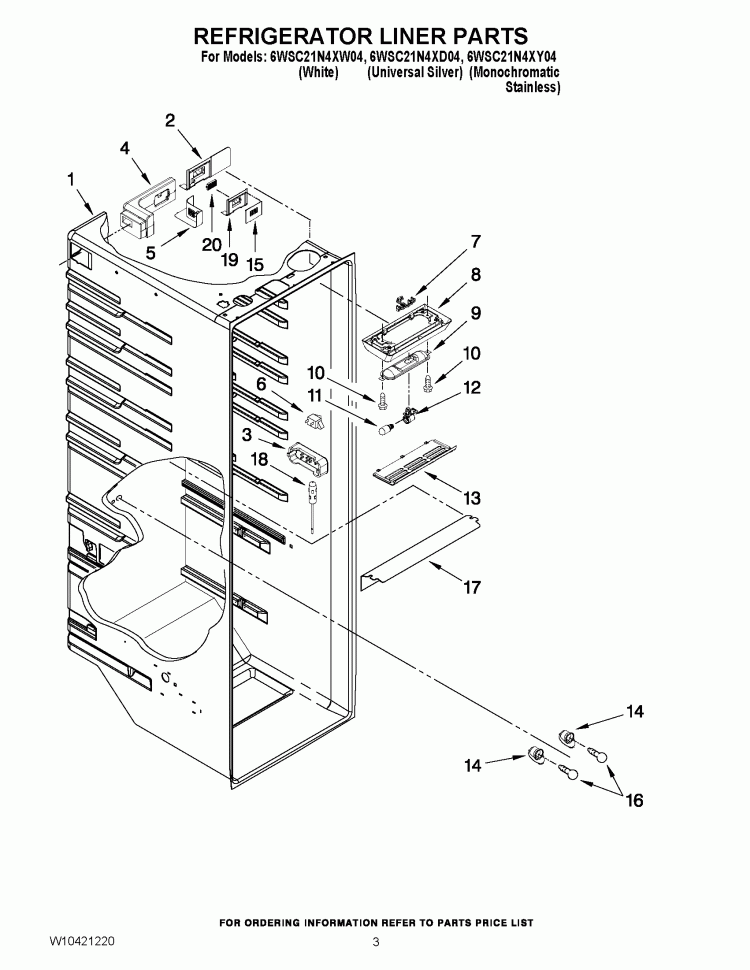 REFRIGERATOR LINER PARTS Diagram and Parts List for 6WSC21N4XY04  Whirlpool Refrigerator