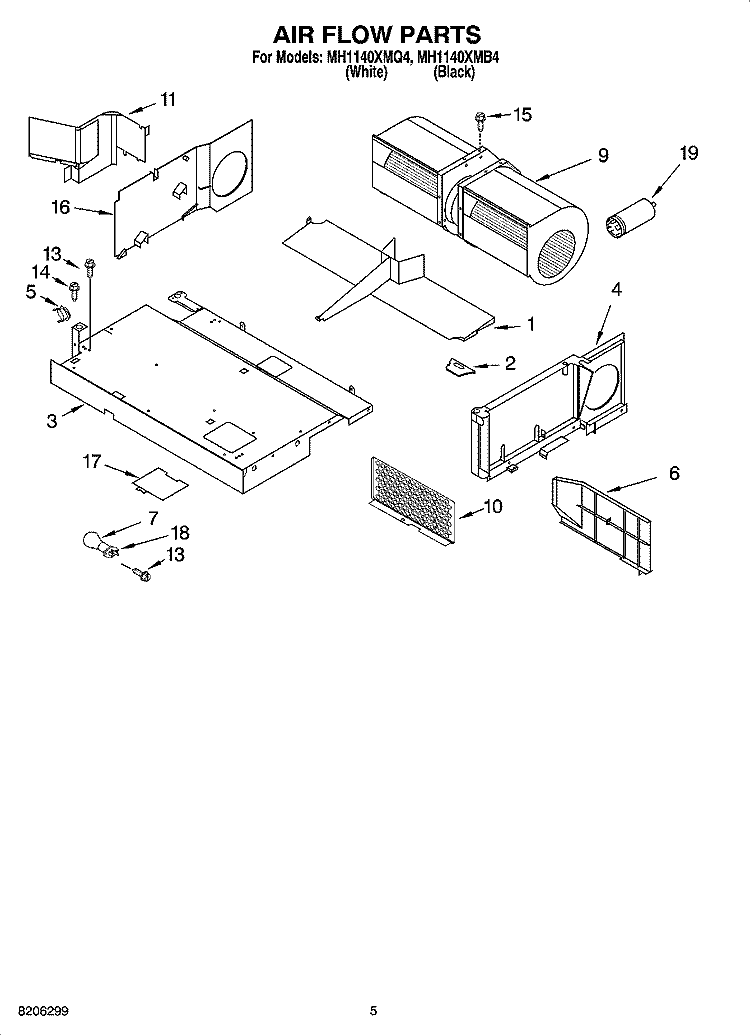 AIR FLOW PARTS Diagram and Parts List for MH1140XMB4  Whirlpool Microwave