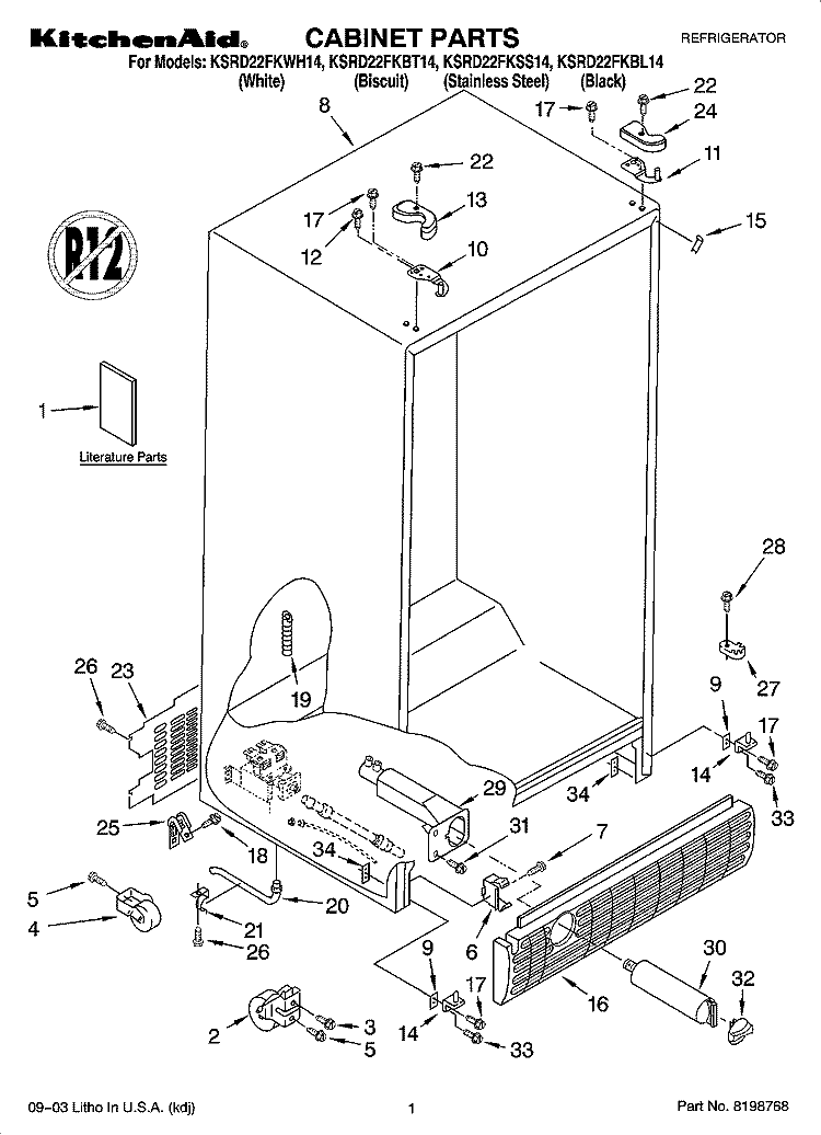 CABINET PARTS Diagram and Parts List for KSRD22FKBL14  KitchenAid Refrigerator