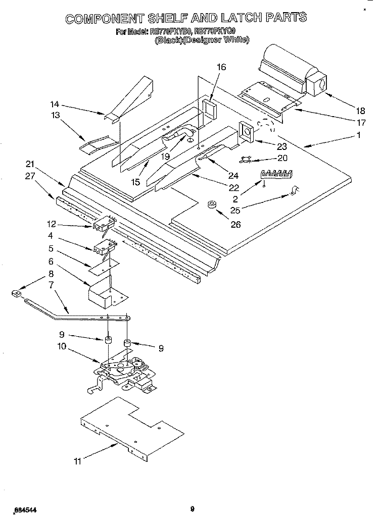 COMPONENT SHELF AND LATCH Diagram and Parts List for RB770PXYB0  Whirlpool Wall Oven