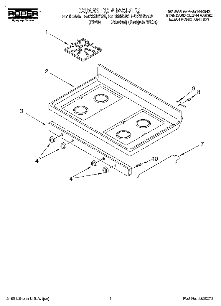 COOKTOP Diagram and Parts List for FGP335GW0  Roper Range
