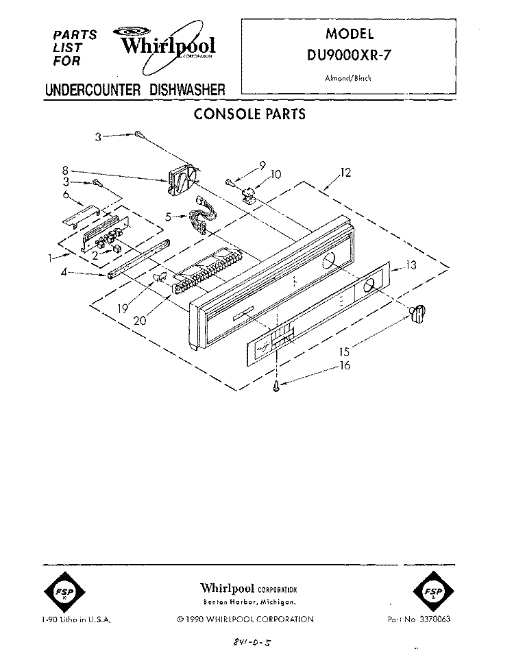 CONSOLE Diagram and Parts List for DU9000XR7  Whirlpool Dishwasher