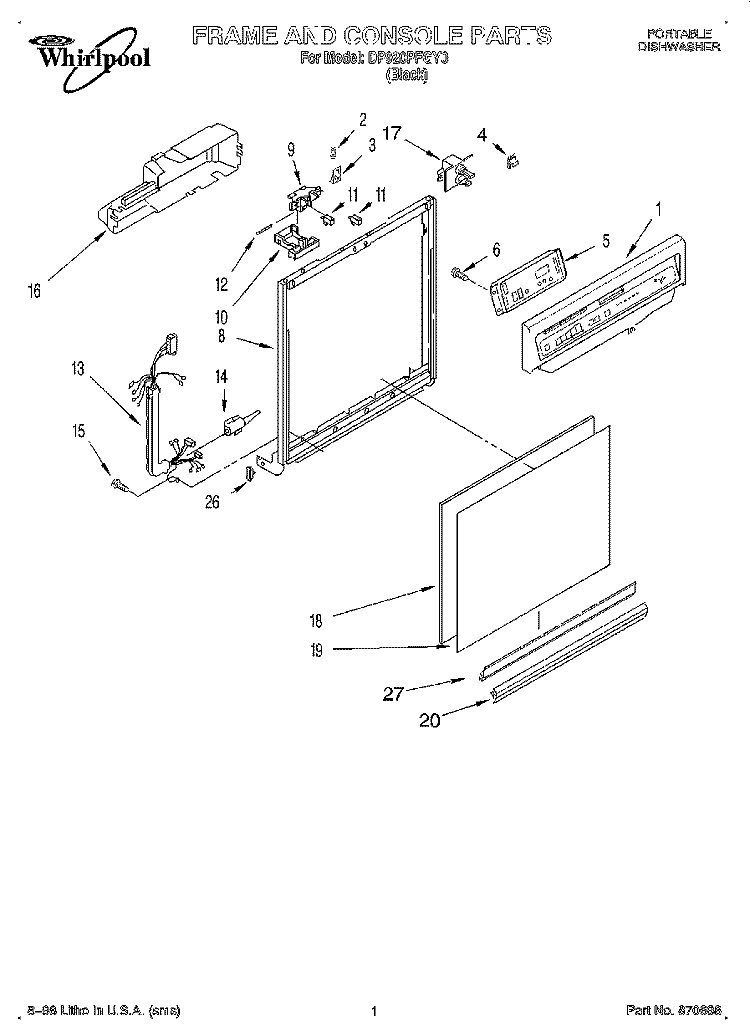 FRAME AND CONSOLE Diagram and Parts List for DP920PFGY0  Whirlpool Dishwasher