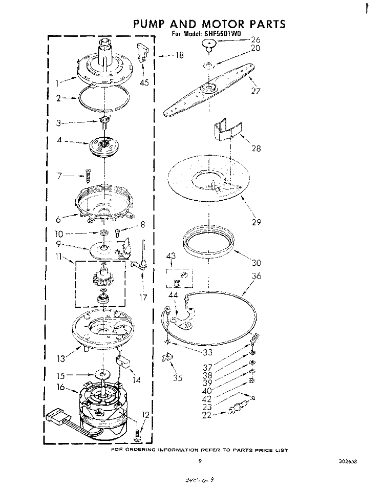 PUMP AND MOTOR Diagram and Parts List for SHF5501W0  Whirlpool Dishwasher
