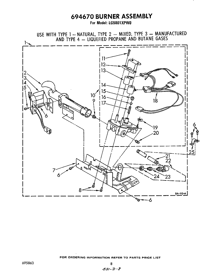 694670 BURNER Diagram and Parts List for LG5801XPW0  Whirlpool Dryer