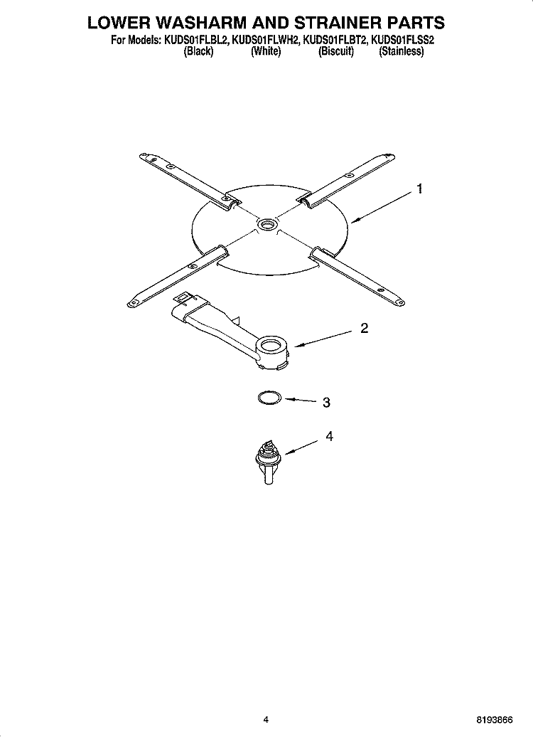 LOWER WASHARM AND STRAINER PARTS Diagram and Parts List for KUDS01FLBL2  KitchenAid Dishwasher