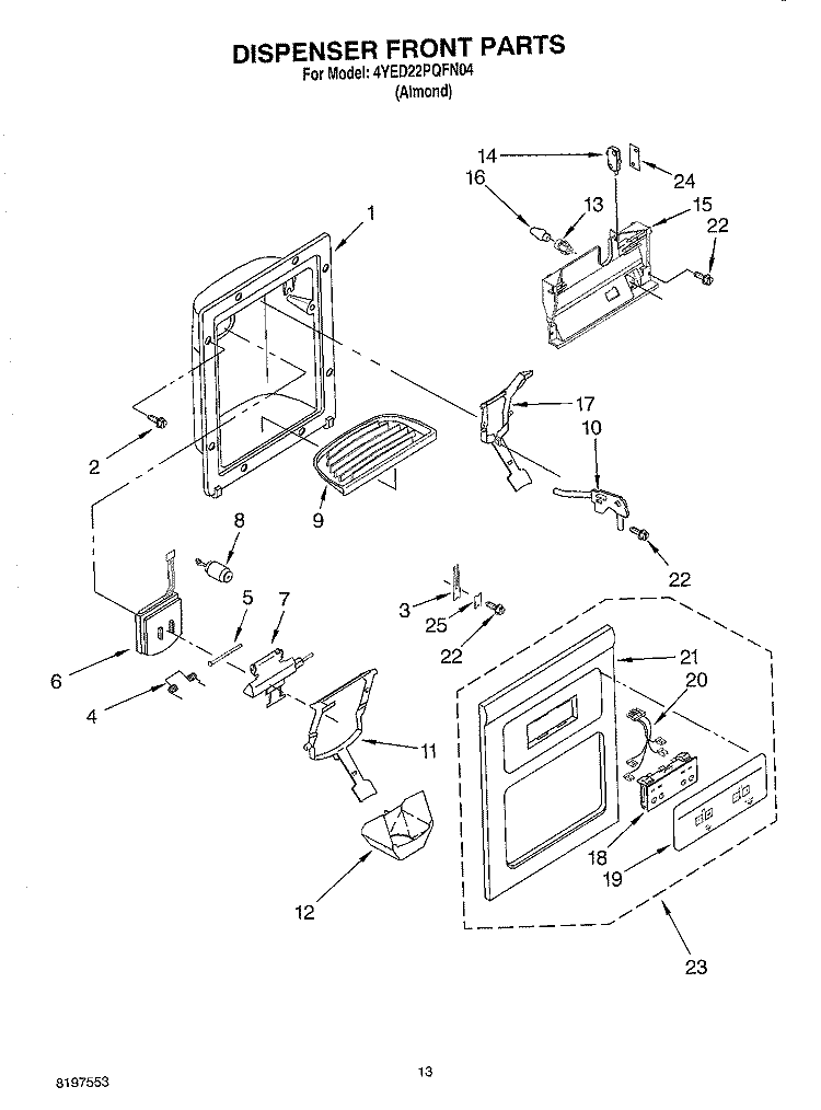 DISPENSER FRONT Diagram and Parts List for 4YED22PQFN04  Whirlpool Refrigerator