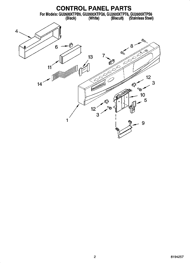 CONTROL PANEL PARTS Diagram and Parts List for GU2600XTPS6  Whirlpool Dishwasher