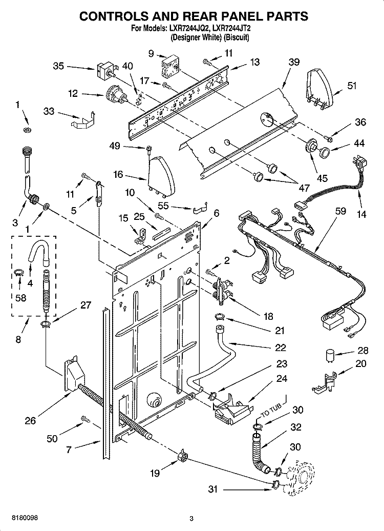 CONTROL AND REAR PANEL PARTS Diagram and Parts List for LXR7244JQ2  Whirlpool Washer