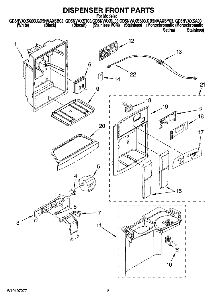 DISPENSER FRONT PARTS Diagram and Parts List for GD5NVAXSB03  Whirlpool Refrigerator