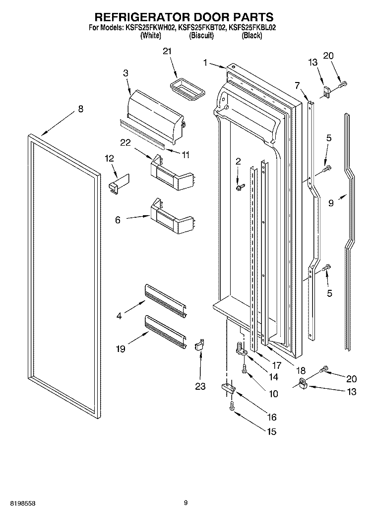 REFRIGERATOR DOOR PARTS Diagram and Parts List for KSFS25FKBL02  KitchenAid Refrigerator