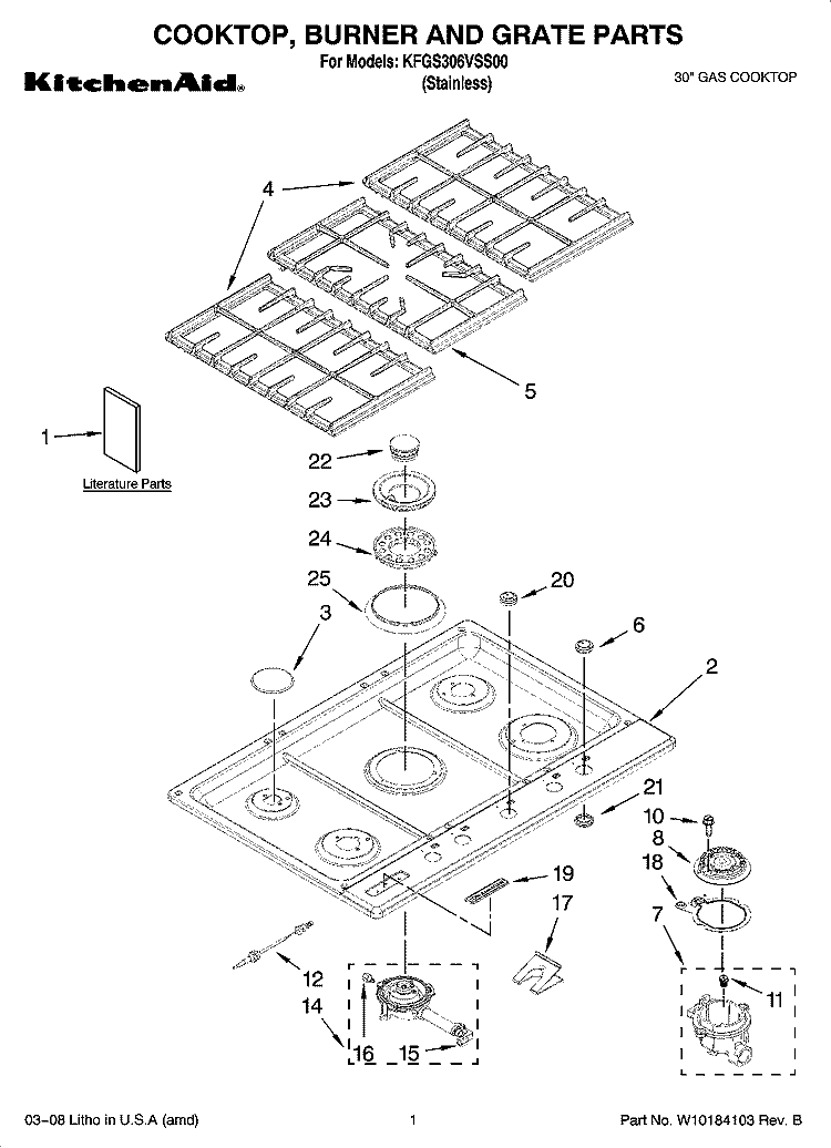 COOKTOP, BURNER AND GRATE PARTS Diagram and Parts List for KFGS306VSS00  KitchenAid Cooktop