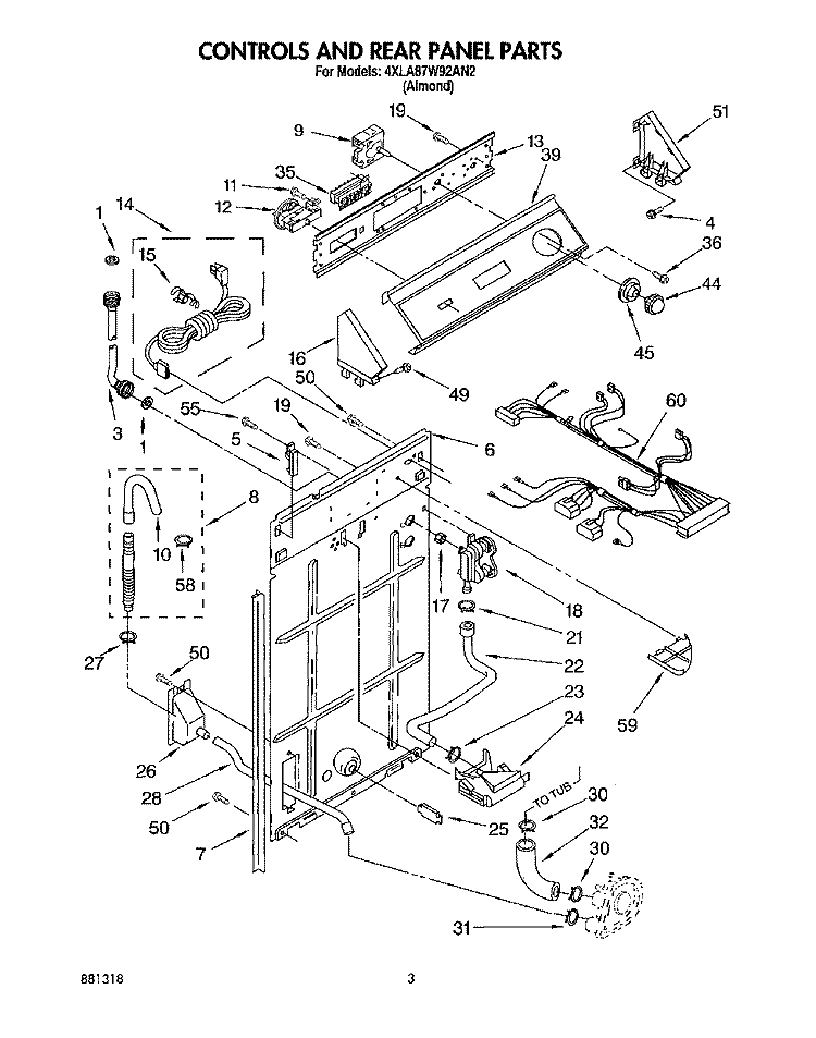 CONTROLS AND REAR PANEL Diagram and Parts List for 4XLA87W92AN2  Whirlpool Washer