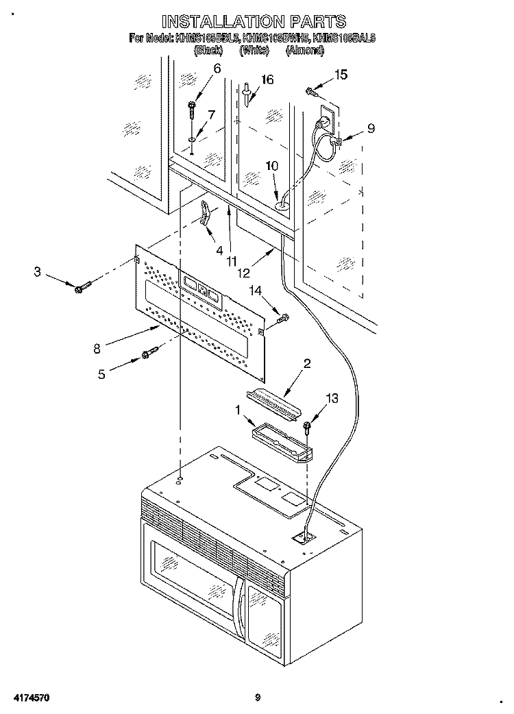 INSTALLATION Diagram and Parts List for KHMS105BAL5  KitchenAid Microwave
