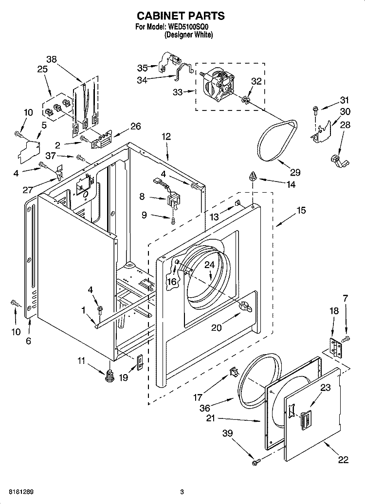 CABINET PARTS Diagram and Parts List for WED5100SQ0  Whirlpool Dryer