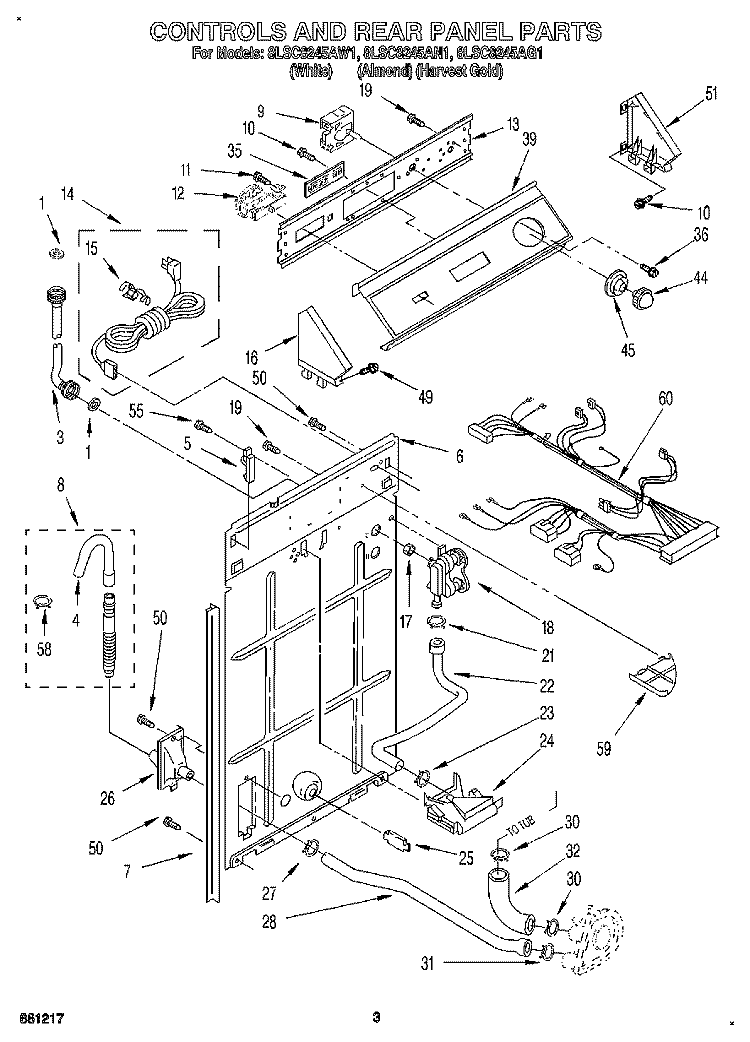 CONTROLS AND REAR PANEL Diagram and Parts List for 8LSC8245AW1  Whirlpool Washer