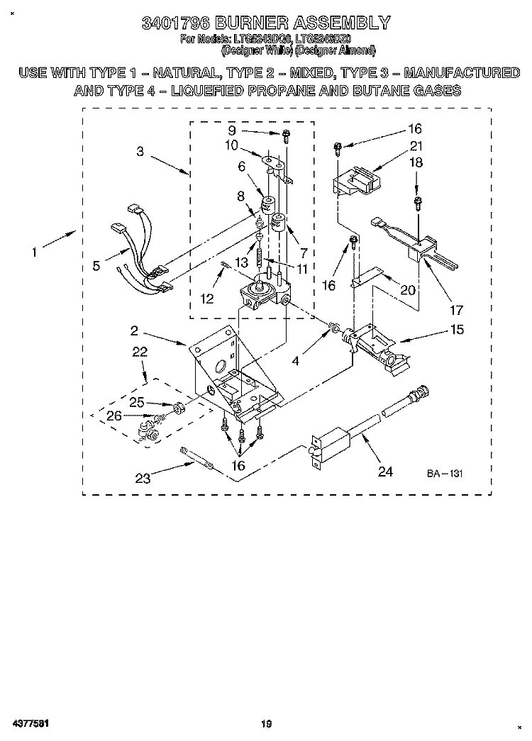 3401796 BURNER ASSEMBLY Diagram and Parts List for LTG5243DQ0  Whirlpool Washer Dryer Combo