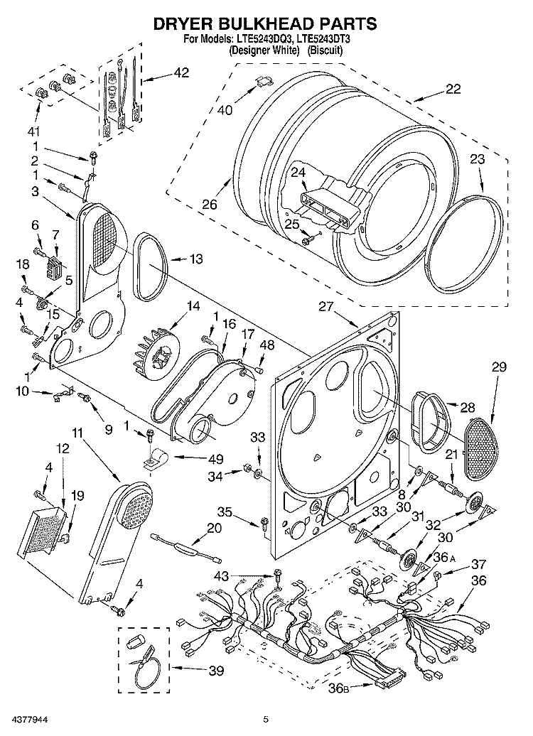 DRYER BULKHEAD Diagram and Parts List for LTE5243DQ3  Whirlpool Washer Dryer Combo