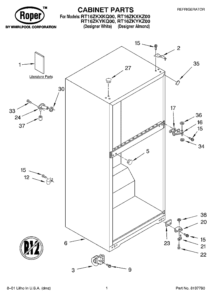 CABINET, LITERATURE Diagram and Parts List for RT16ZKYKQ00  Roper Refrigerator