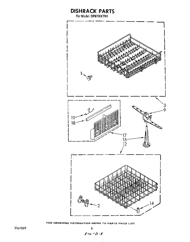 DISHRACK Diagram and Parts List for DP8700XTN1  Whirlpool Dishwasher