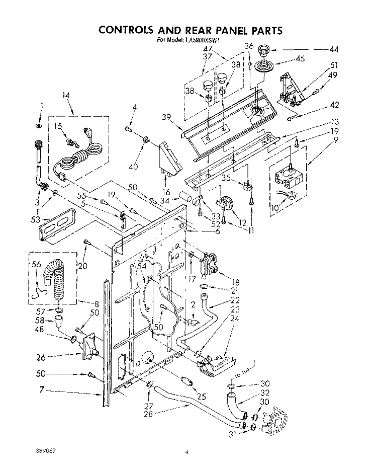 CONTROLS AND REAR PANEL Diagram and Parts List for LA5900XSW1  Whirlpool Washer