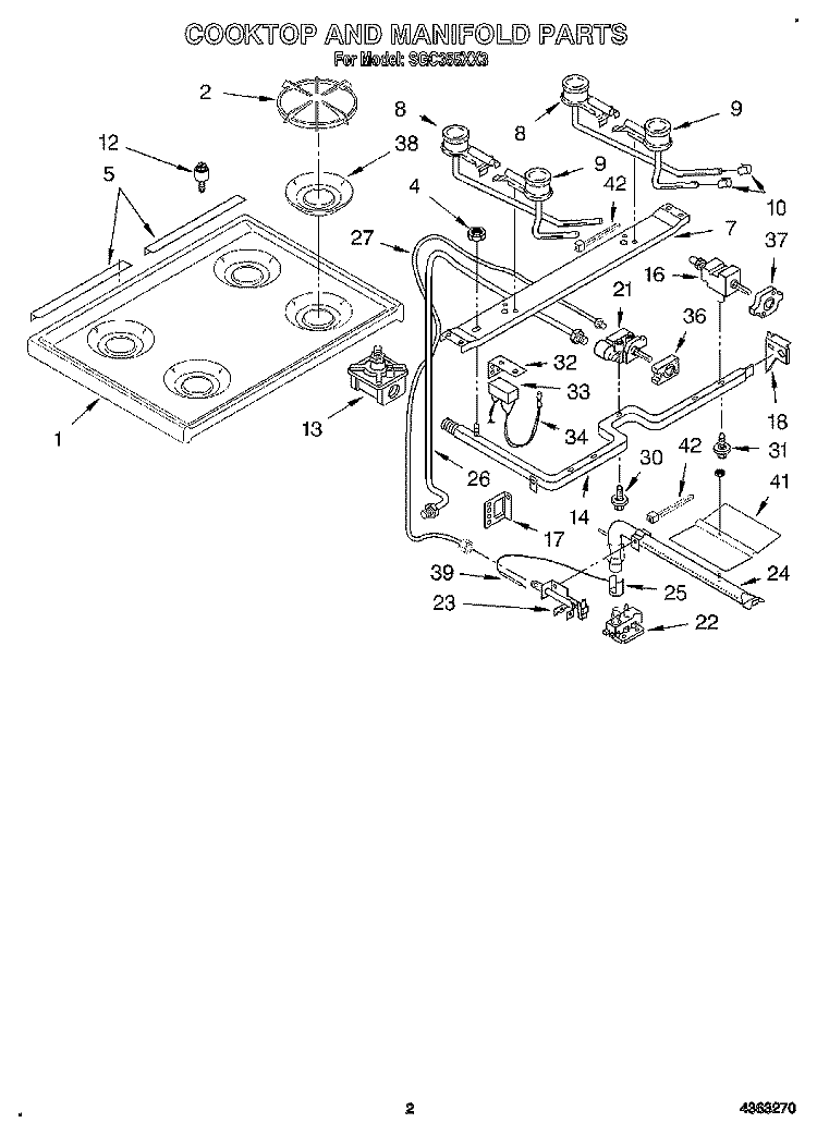 COOKTOP AND MANIFOLD Diagram and Parts List for SGC355XX3  Roper Range