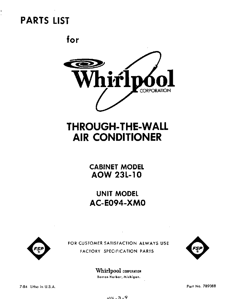 SECTION Diagram and Parts List for ACE094XM0  Whirlpool Air Conditioner