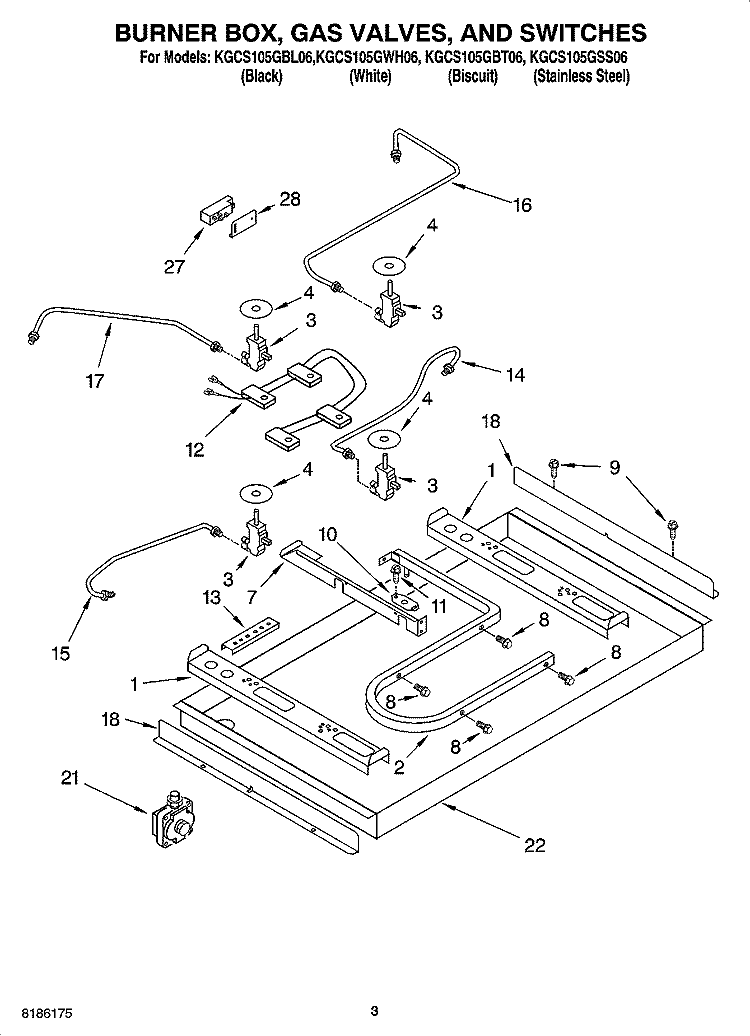 BURNER BOX, GAS VALVES, SWITCHES, AND PARTS NOT ILLUSTRATED Diagram and Parts List for KGCS105GBL06  KitchenAid Cooktop