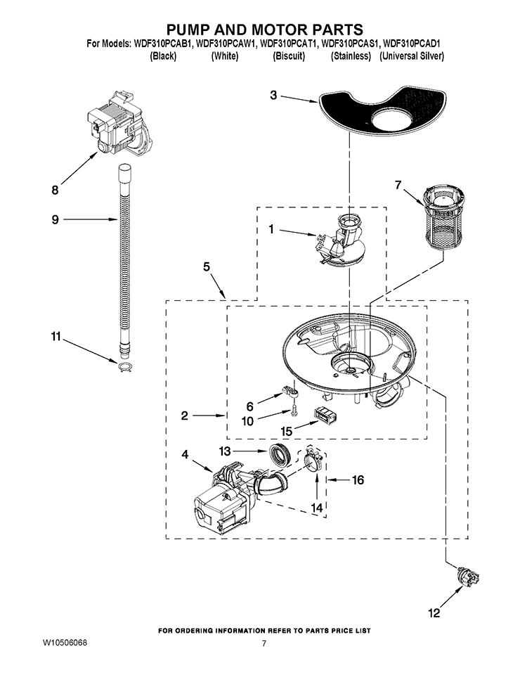 PUMP AND MOTOR PARTS Diagram and Parts List for WDF310PCAW1  Whirlpool Dishwasher