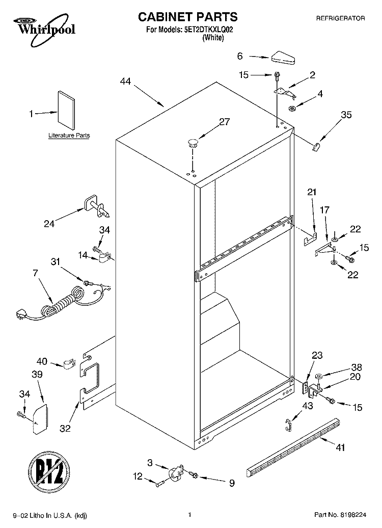 CABINET, LITERATURE Diagram and Parts List for 5ET2DTKXLQ02  Whirlpool Refrigerator