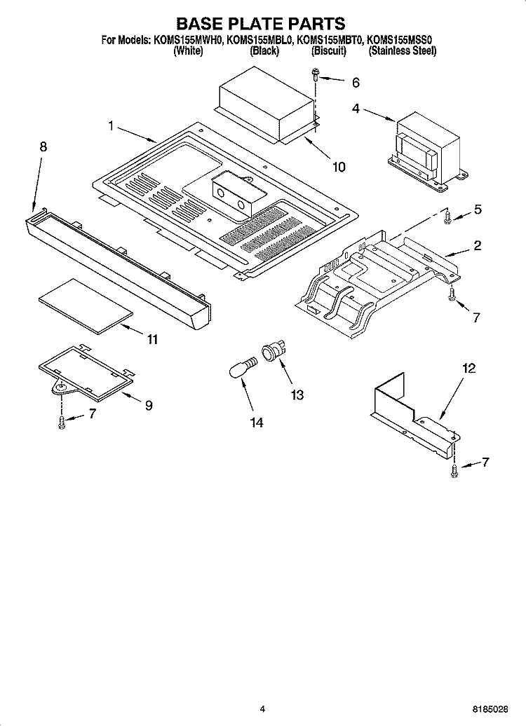 BASE PLATE PARTS Diagram and Parts List for KOMS155MSS0  KitchenAid Microwave