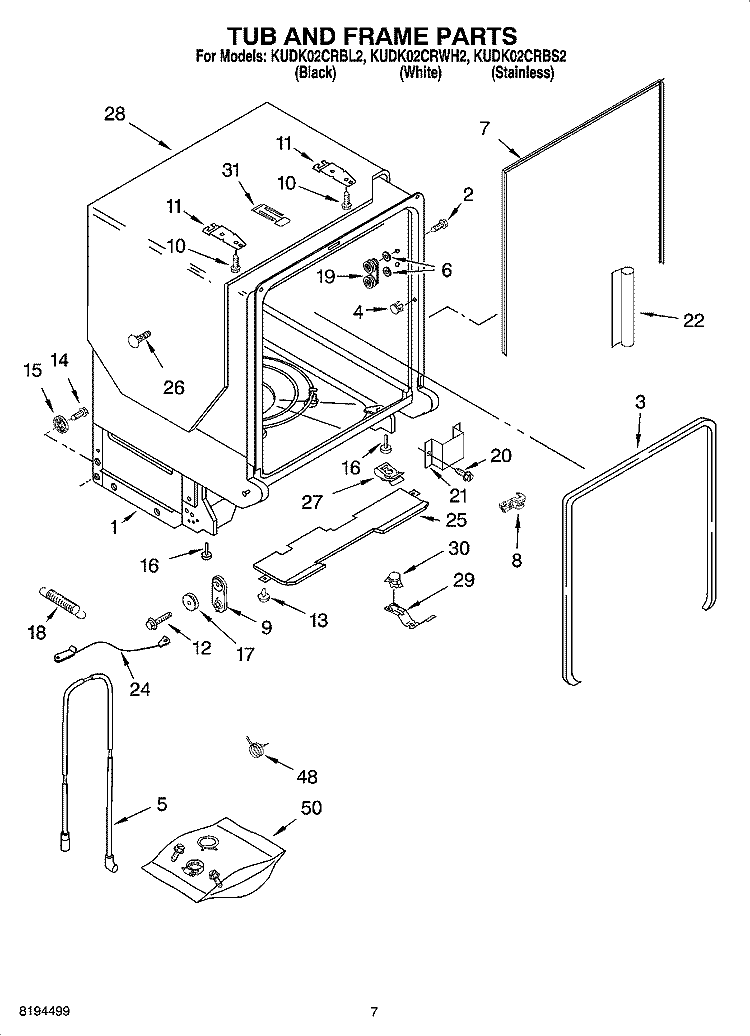 TUB AND FRAME PARTS Diagram and Parts List for KUDK02CRBL2  KitchenAid Dishwasher