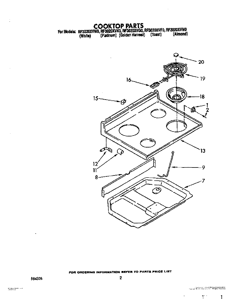 COOKTOP Diagram and Parts List for RF3020XVF0  Whirlpool Range