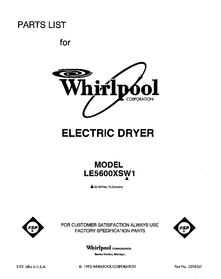SECTION Diagram and Parts List for LE5600XSW1  Whirlpool Dryer