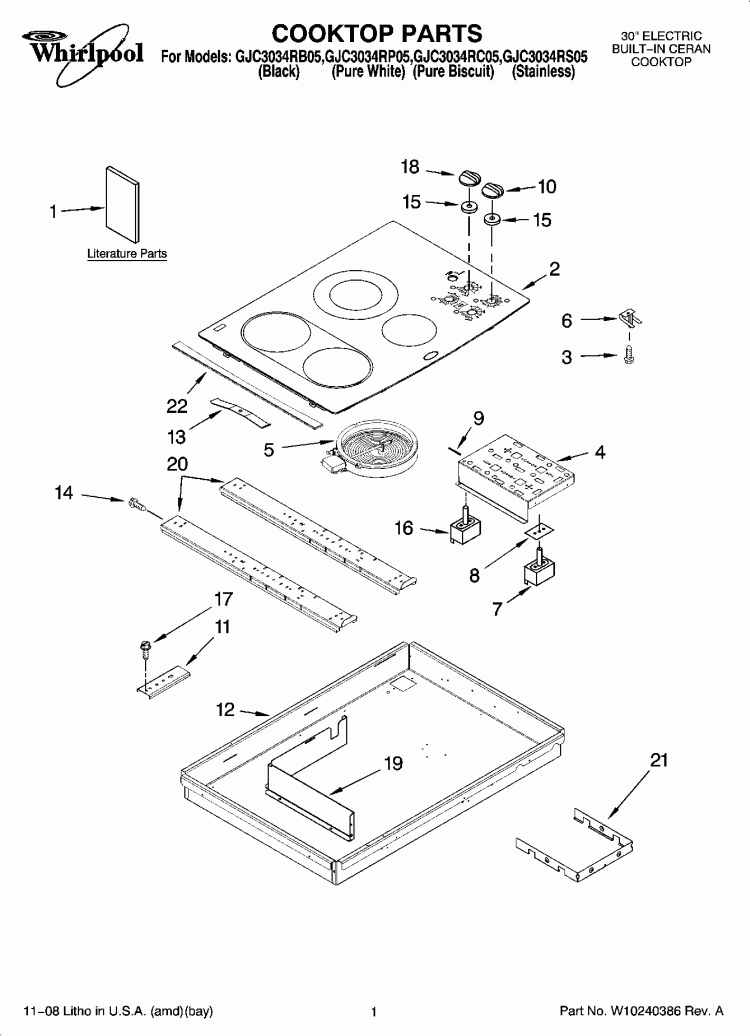 COOKTOP PARTS, OPTIONAL PARTS Diagram and Parts List for GJC3034RC05  Whirlpool Cooktop