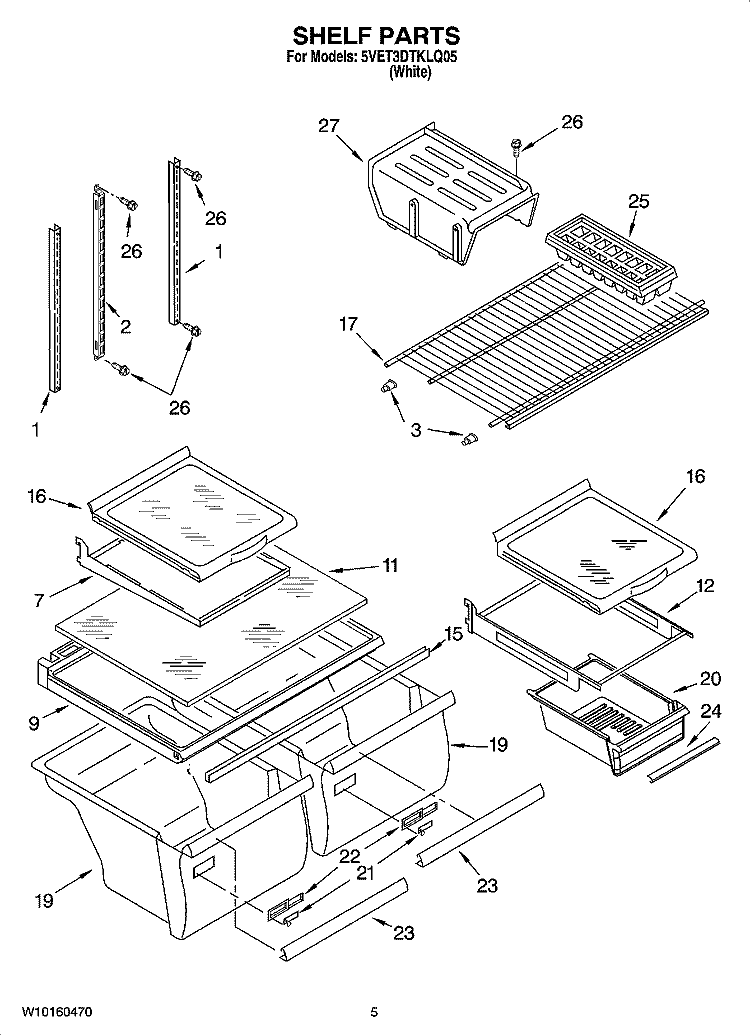 SHELF PARTS Diagram and Parts List for 5VET3DTKLQ05  Whirlpool Refrigerator