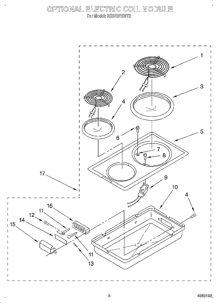 OPTIONAL ELECTRIC COIL MODULE Diagram and Parts List for RS373PXWT2  Whirlpool Range